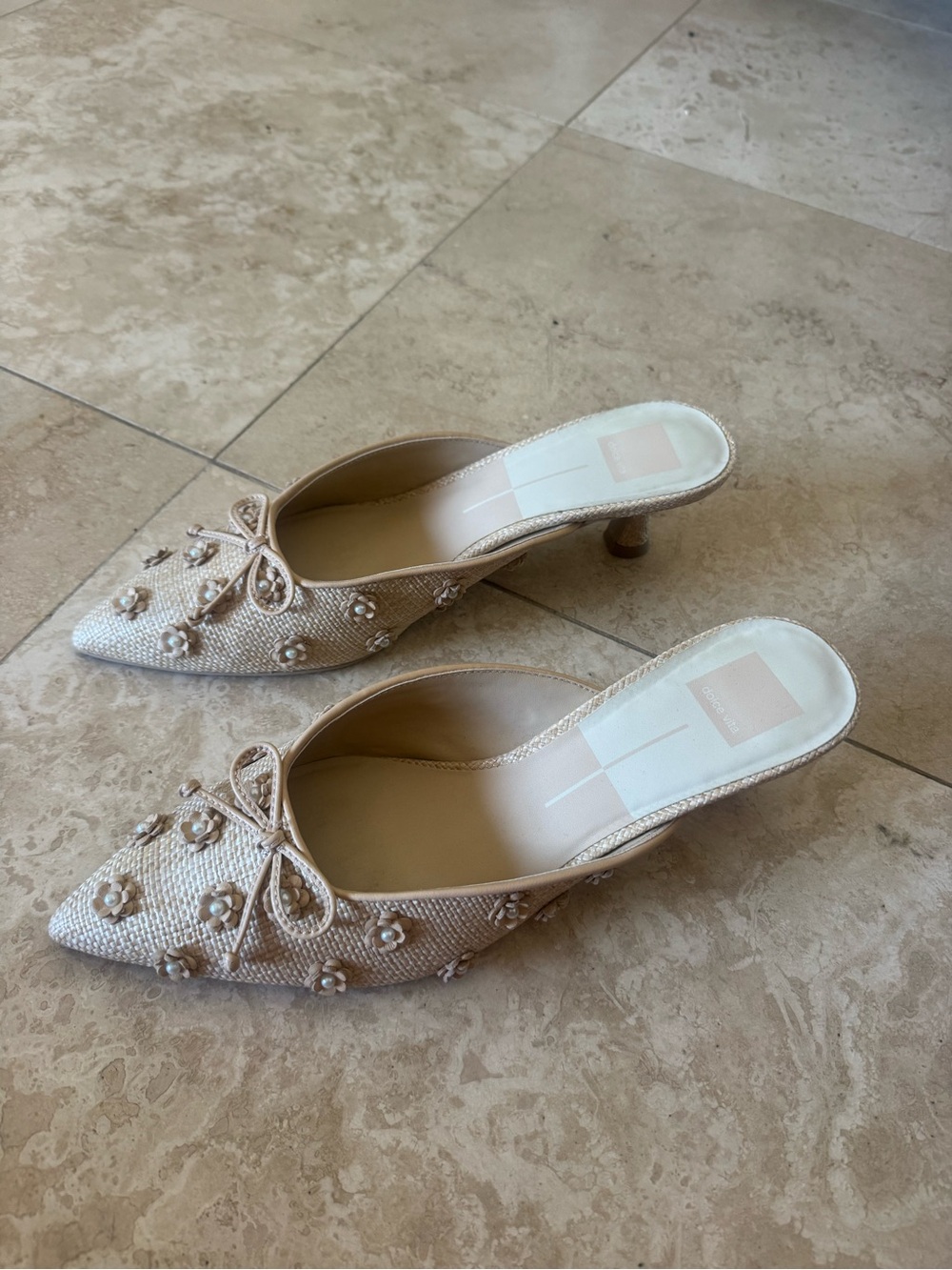 Dolce Vita Cream Embellished Pointed-Toe Mule Heels